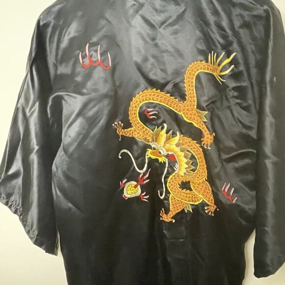 VTG MCM Asian Black Silk Embroidered Golden Chinese Dragon Robe Kimono Sz S/M/L - Picture 6 of 16